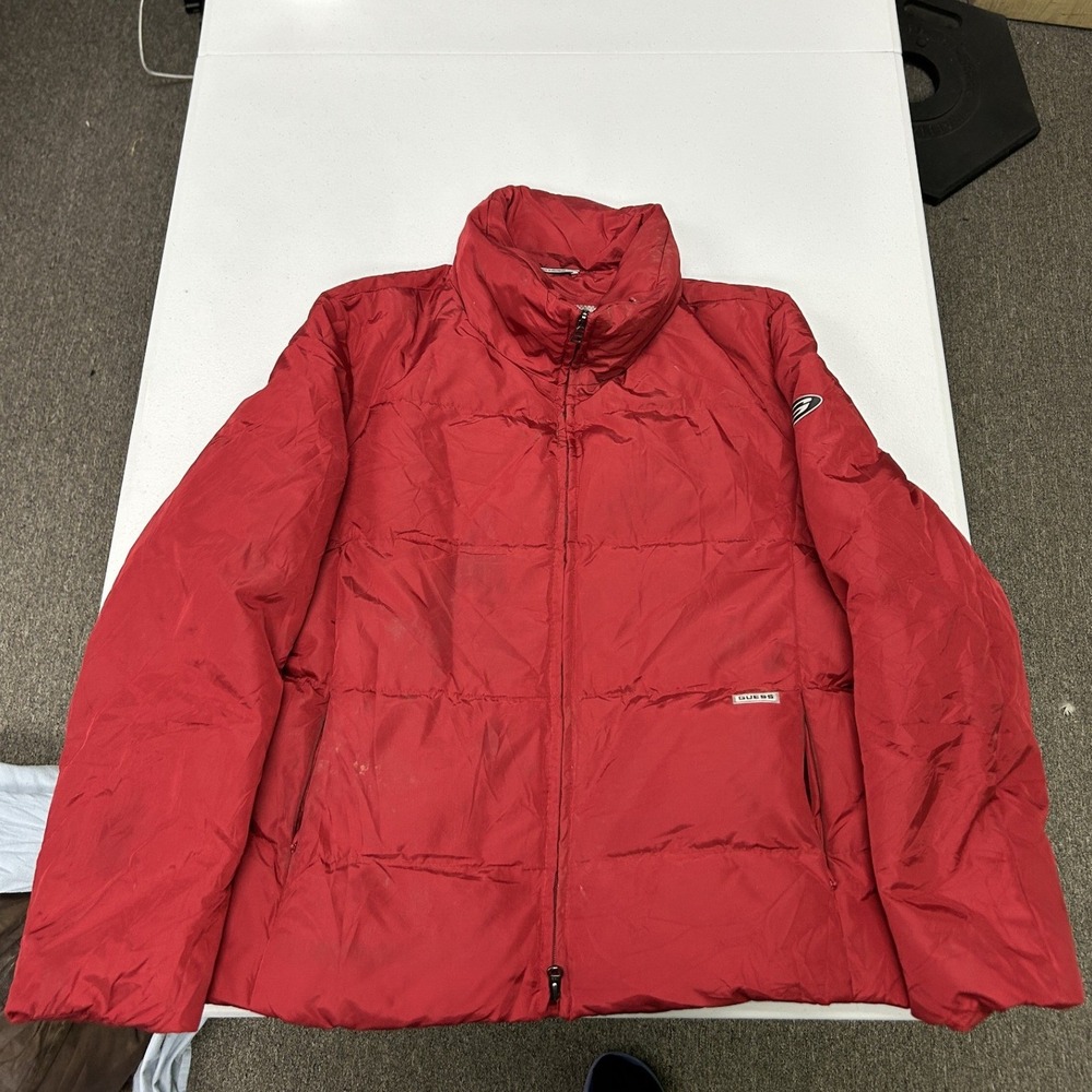 Guess Puffer Jacket womans Large Red Down Fill Quilted Funnel Neck T128462